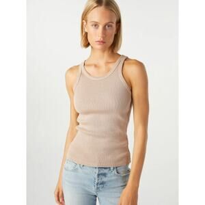 Amo Tank Long Ribbed in Taupe Tan Cotton Scoop Neck Size Large L